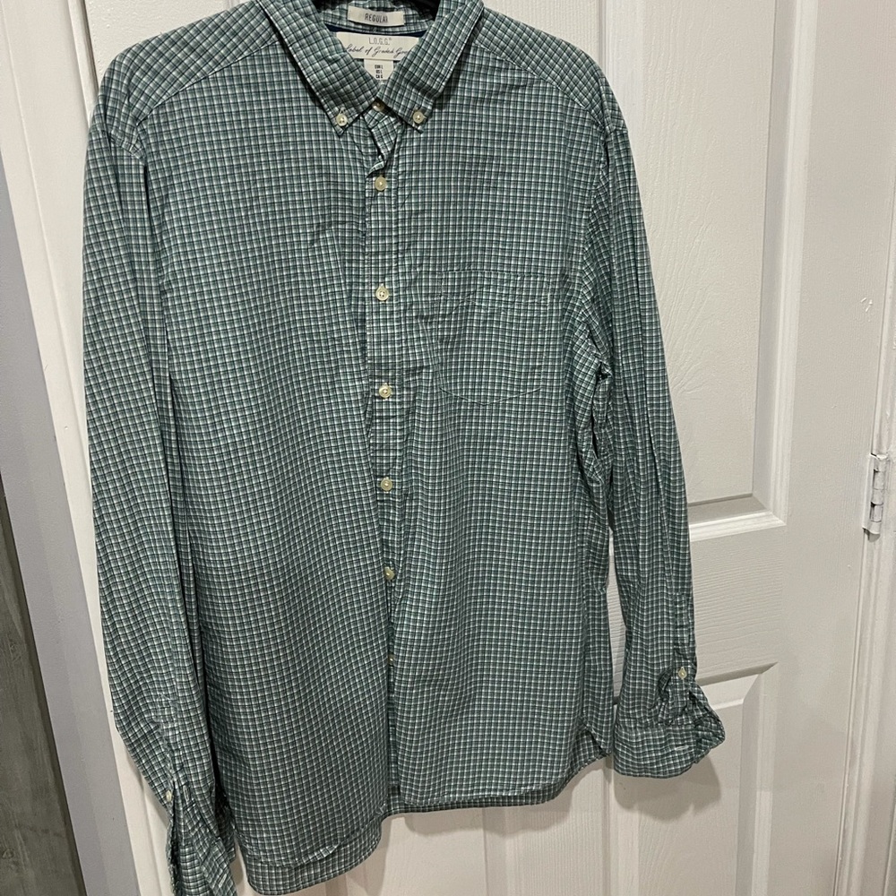 Brand new men’s button down long sleeve shirt. Blue, green and white. Large